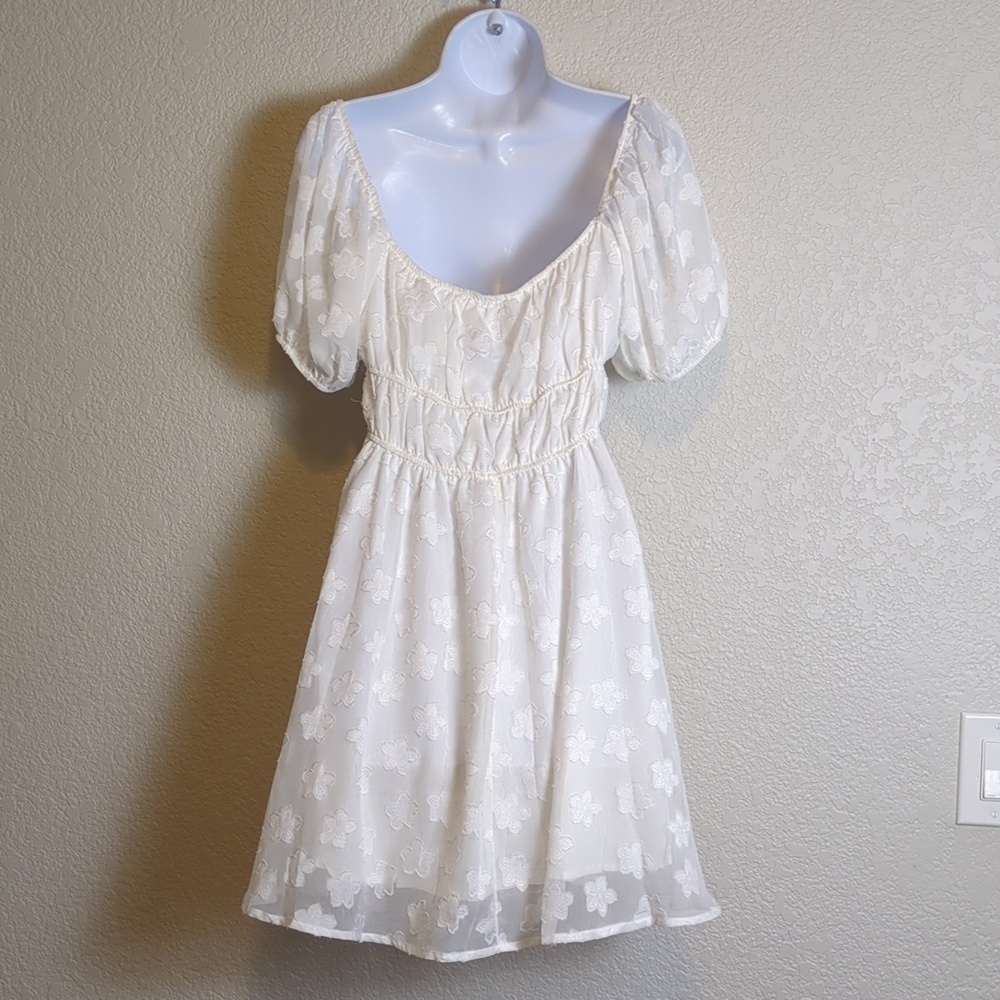 Princess Polly Kenny white floral jacquard mini short puff sleeve dress - Picture 13 of 15